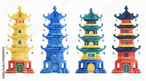 Four stylized, multicolored, stacked Asian pagodas with watercolor aesthetic, on a white background