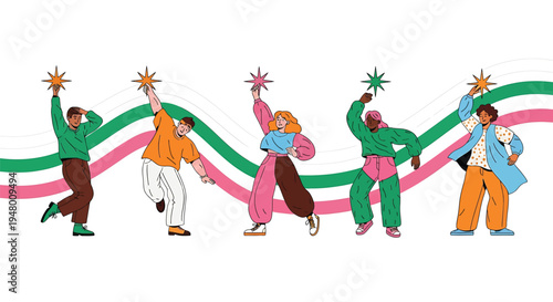 Diverse group of people dancing with colorful ribbons and stars on a celebrating joy and festivity together vector illustration