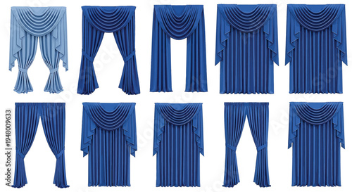 Collection of blue curtain designs with tassels and fringe details vector illustration