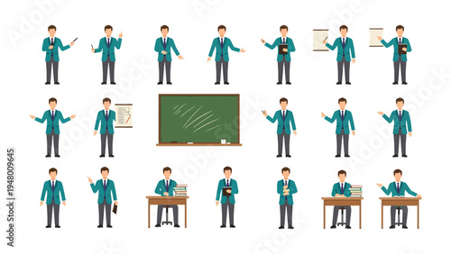 Animated Educator: Collection of illustrations showcasing an educator in various poses, gestures, and activities, symbolizing education and guidance.