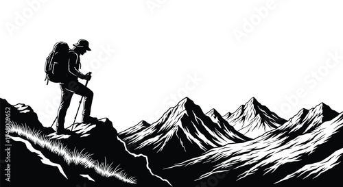 A hiker standing on a mountain peak with a backpack and trekking poles looking out at a scenic mountain range landscape vector illustration
