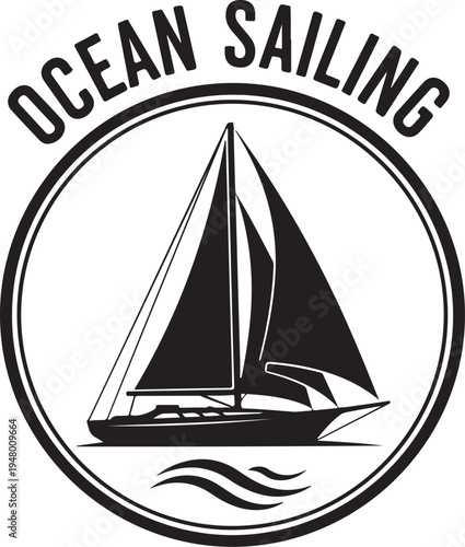 Black sailboat icon in circle frame, Ocean Sailing logo