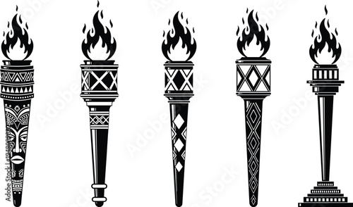 Tribal tiki torch silhouette collection, flaming decorative torches set, ethnic pattern fire torch icons, cultural torch design, black silhouette illustration