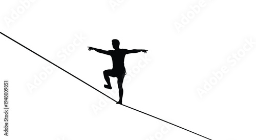 Silhouette of a person balancing on a tightrope with arms outstretched on a showing balance and concentration vector illustration