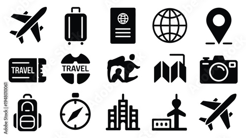 Travel icons set including airplane luggage globe and camera on white background for design and travel concepts