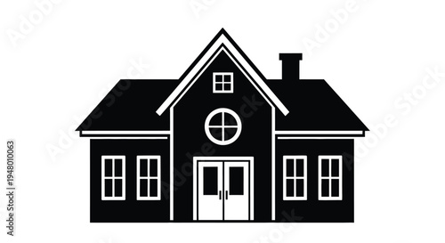 A black and white illustration of a house with a gable roof and chimney on isolated vector illustration
