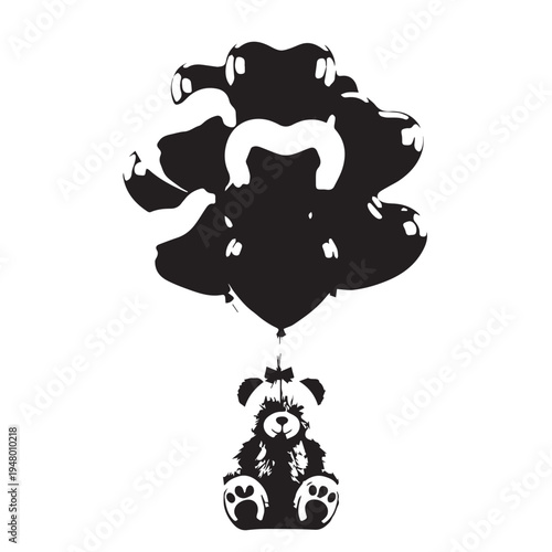 Floating black teddy bear silhouette with suspended balloon shapes decorative art.