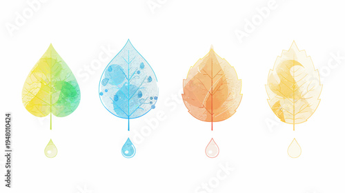 Four watercolor leaves represent seasons, each with a stem and a raindrop below