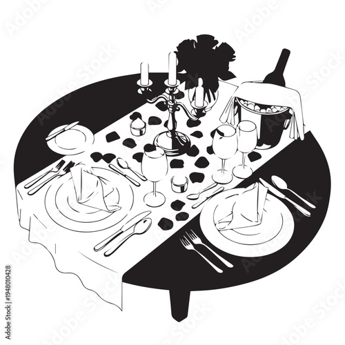 Elegant roundtable dinner party with glassware, candles, and multiple dishes around a dining table.