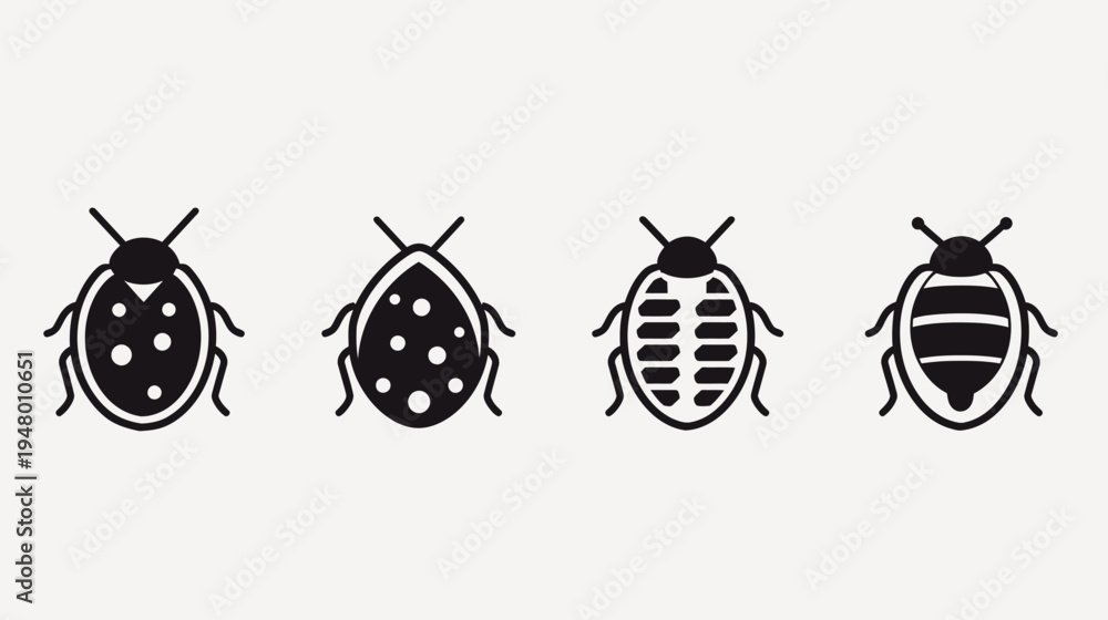 Obraz premium Four ladybug icons in black and white, each with unique shell patterns