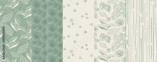 Mint green botanical seamless patterns collection with tropical leaves, flowers and stripes. Soft nature inspired backgrounds for textile, fabric, wallpaper, wrapping paper and surface design.