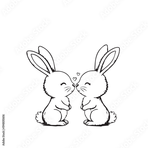 Two adorable rabbits share a gentle kiss in a cute cartoon illustration.