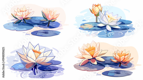 Four stylized renderings of water lilies blooming on lily pads, in soft lighting