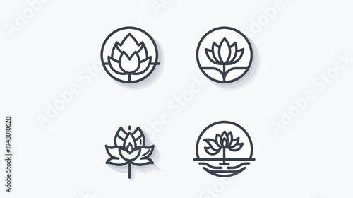 Four stylized lotus flower line art icons in circles and as floating line art