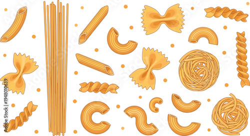 Various types of pasta on white background spaghetti fusilli farfalle rigatoni