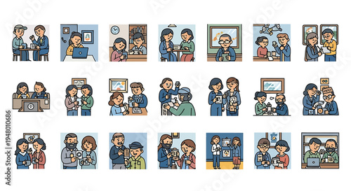 Collection of various cartoon illustrations depicting people in different scenes and activities together in a group setting vector illustration