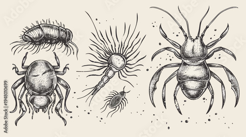 Ink drawing of several insects, including a woodlouse, mites, and other beetle-like creatures