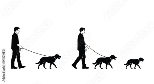 Silhouette of a man walking three dogs on leashes in a row on vector illustration