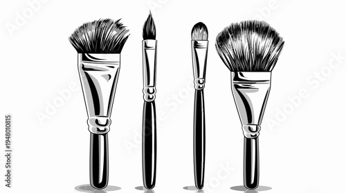 Four makeup brushes of various shapes and sizes, rendered in black and white linework