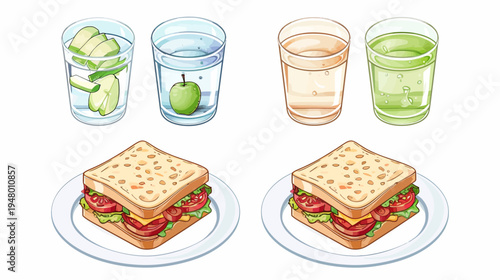 Stylized drawing of sandwiches and flavored water on plates and in glasses, isolated