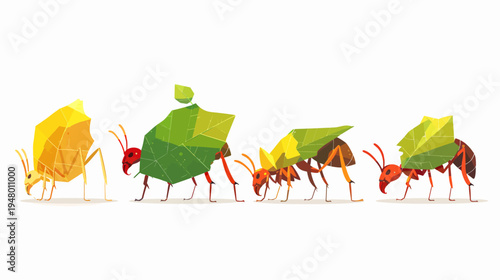 Stylized illustration of ants carrying colorful leaves in a row on a white background