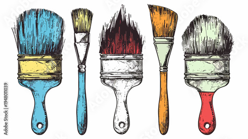 Five painterly paintbrushes with colorful bristles and simple graphic style handles
