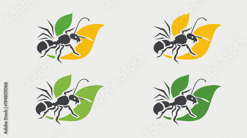 Four vector ants displayed with green and yellow leaves on a light gray background