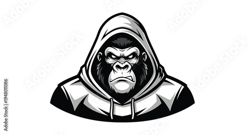 A cartoon illustration of a gorilla wearing a hooded jacket with a stern expression vector illustration