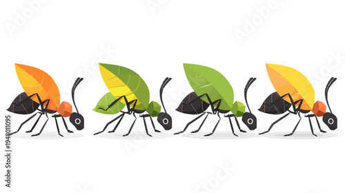 Cartoon ants carry colorful leaves overhead in a row, isolated on a white background