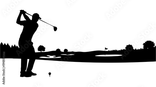A silhouette of a golfer performing a powerful swing on a scenic golf course against a clear sky isolated on transparent background, Vector