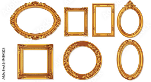Collection of ornate gold picture frames in various shapes and sizes vector illustration