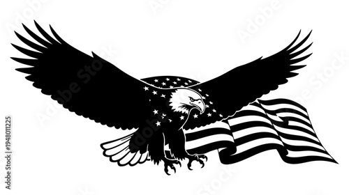 A majestic black silhouette of a bald eagle combined with the american flag in a graphic design isolated on transparent background, Vector