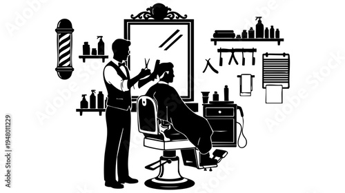 A black and white silhouette illustration of a professional barber cutting a client hair in shop isolated on transparent background, Vector