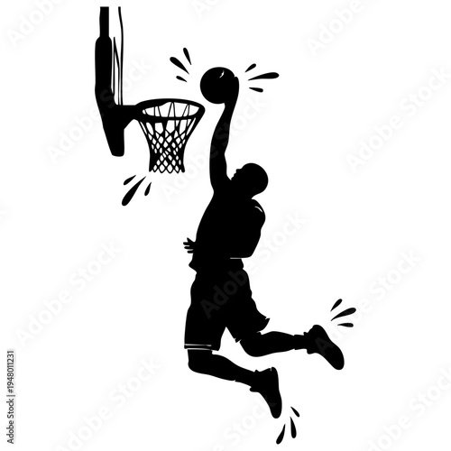 A high contrast black silhouette of a basketball player performing a powerful slam dunk maneuver isolated on transparent background, Vector