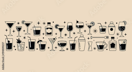The words happy hour spelled out in a decorative style using various cocktail glasses and bottles on a beige background vector illustration