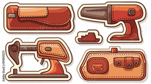 Leatherworking tools, illustrated, with a retro style and outline on a white background