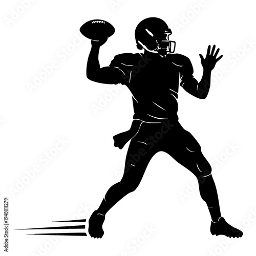 A high contrast black and white silhouette graphic of an american football quarterback throwing ball isolated on transparent background, Vector
