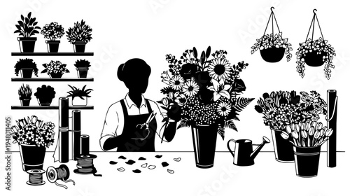 A silhouette illustration of a florist arranging a beautiful bouquet in a cozy flower shop studio isolated on transparent background, Vector