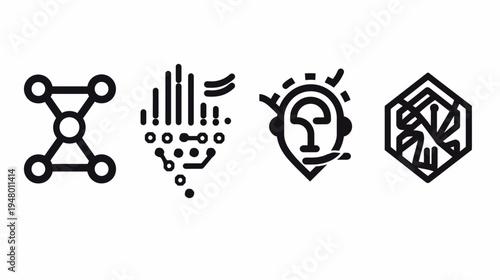 Four black linear icon designs in a horizontal line against a white background