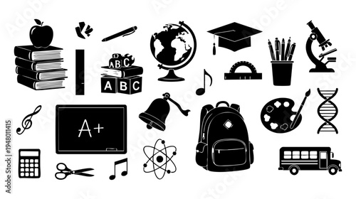 A collection of black silhouette icons depicting various school supplies and academic education tools isolated on transparent background, Vector
