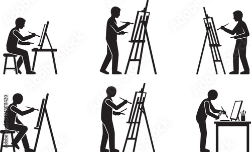Artist painting on easel silhouettes set painter creative art studio drawing canvas vector icons