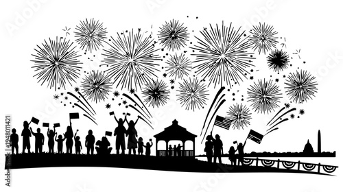 A black and white silhouette illustration of a patriotic holiday celebration with fireworks display isolated on transparent background, Vector