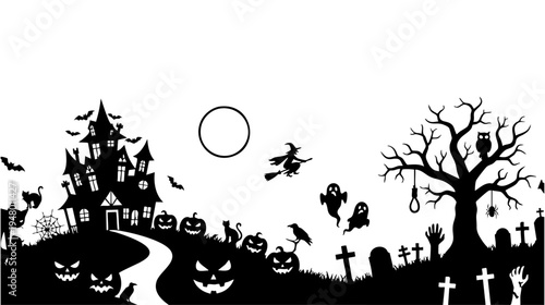 A spooky halloween landscape silhouette featuring a haunted mansion and a creepy graveyard at night isolated on transparent background, Vector