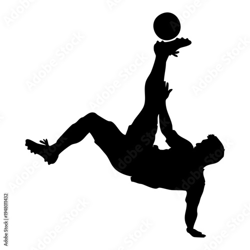 A silhouette of a professional football player performing an acrobatic bicycle kick in the air isolated on transparent background, Vector