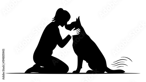 A black silhouette illustration showing a woman kneeling and showing affection to her loyal dog isolated on transparent background, Vector