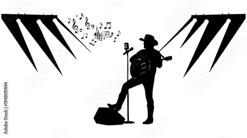 A silhouette of a country singer performing on stage with a guitar and floating musical notes isolated on transparent background, Vector