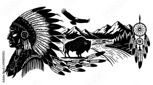 A black and white artistic illustration featuring a native american chief with a buffalo and eagle isolated on transparent background, Vector