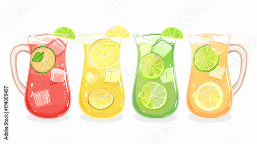Four colorful pitchers filled with iced drinks, citrus slices, and lime wedges