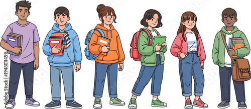 Six cartoon students standing with books and backpacks school children kids