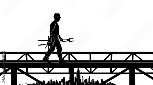 A black silhouette of a construction worker walking across a steel bridge beam above a city scape isolated on transparent background, Vector